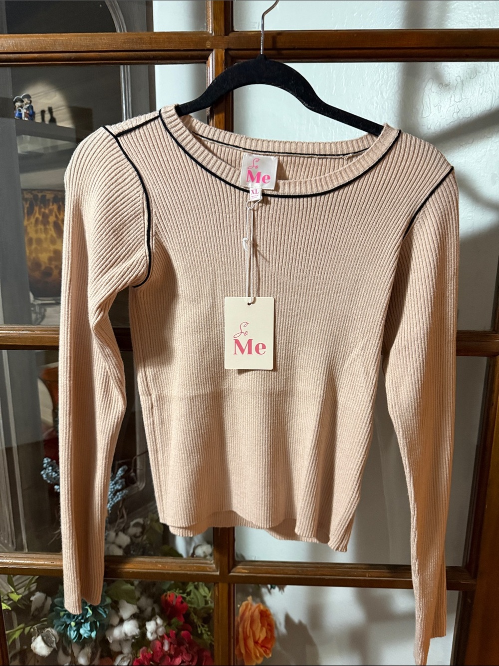So Me Beige Ribbed Long-Sleeve Top with Black Contrast Piping